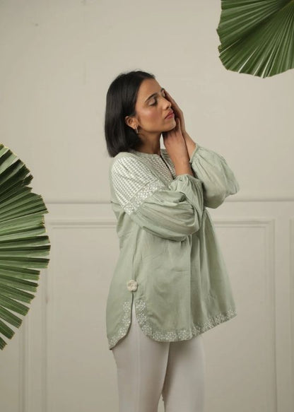 SS 2224 - Green Embroidered Cotton Top