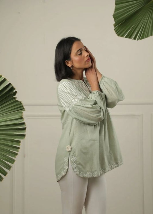 SS 2224 - Green Embroidered Cotton Top