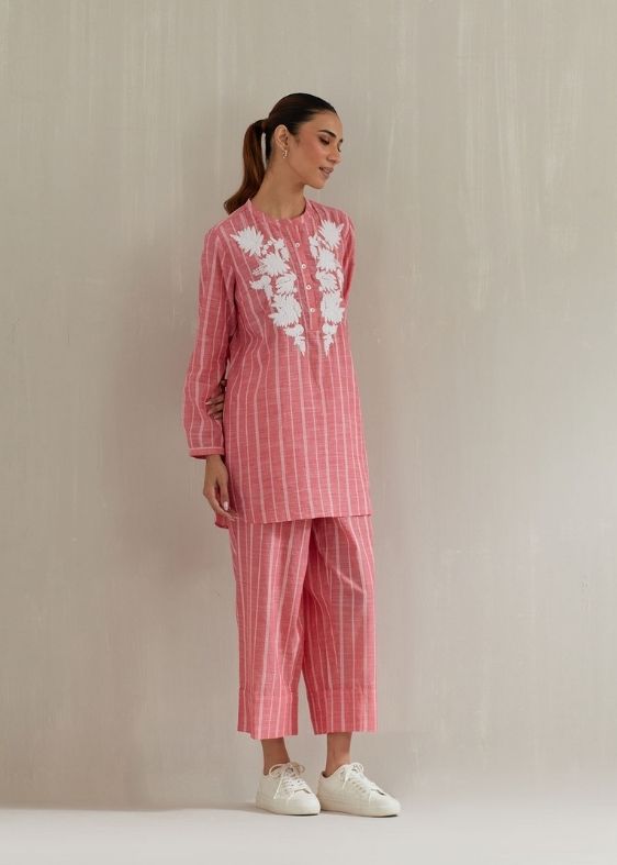 Pink stripes embroidery cotton tunic