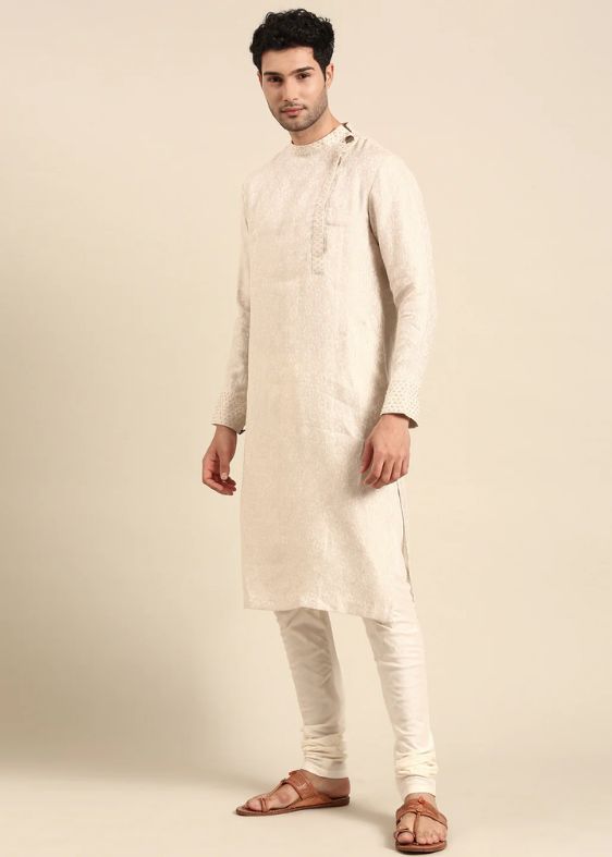 Beige Linen Embroidery Designer Kurta