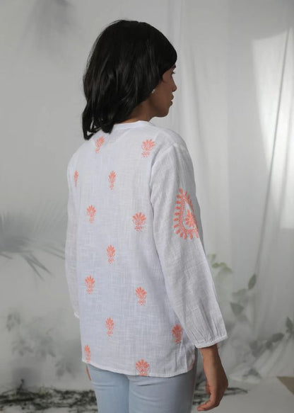 White Orange Embroidery Top- SS 2516