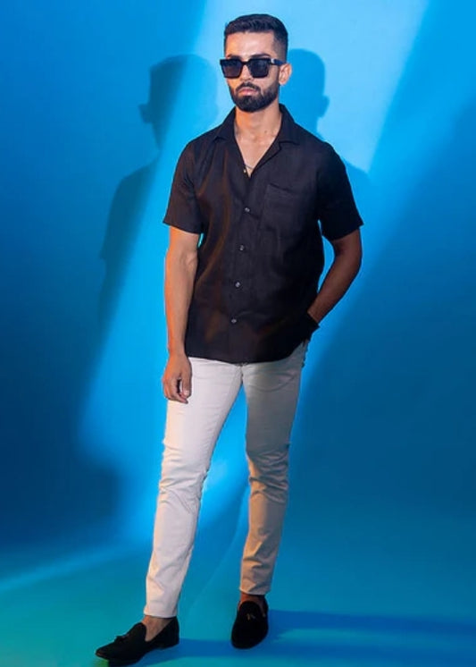 Pure Linen Half Sleeve Shirt-Black