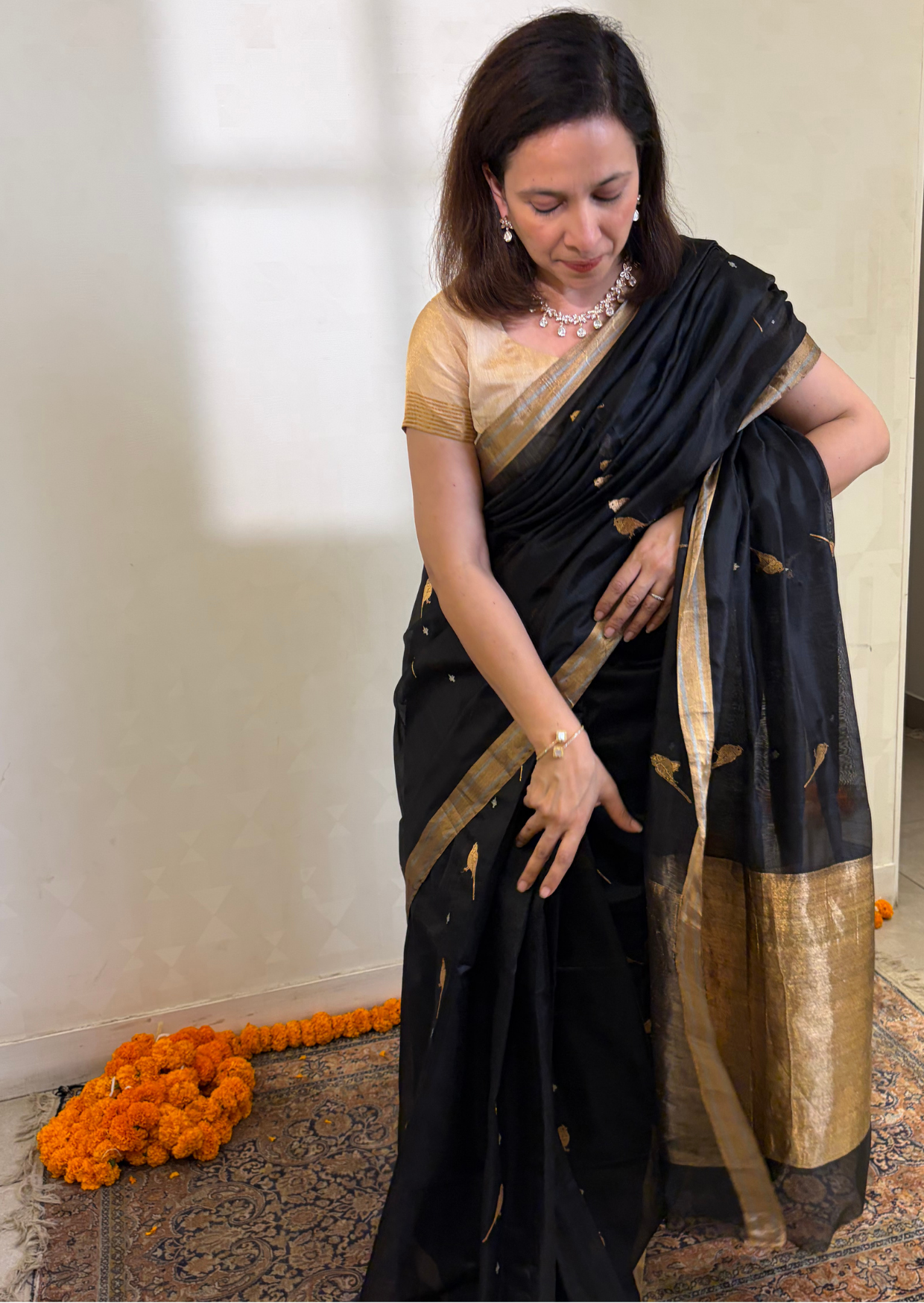 Black Bird Silk Chanderi Saree