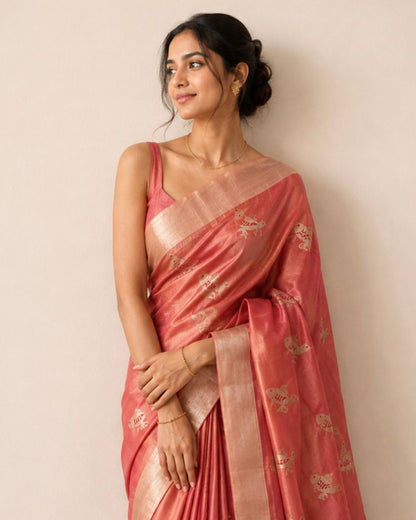 Peach Parrot Chanderi Silk Saree