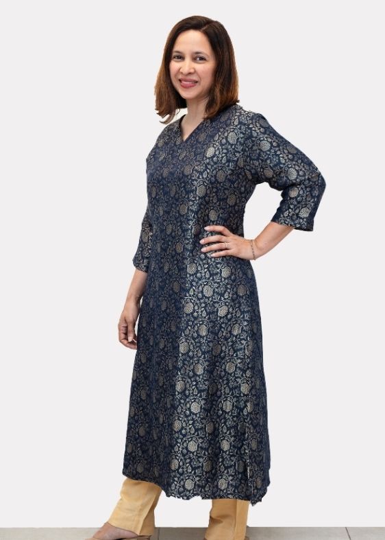 Blue V Neck Crepe Silk Dress