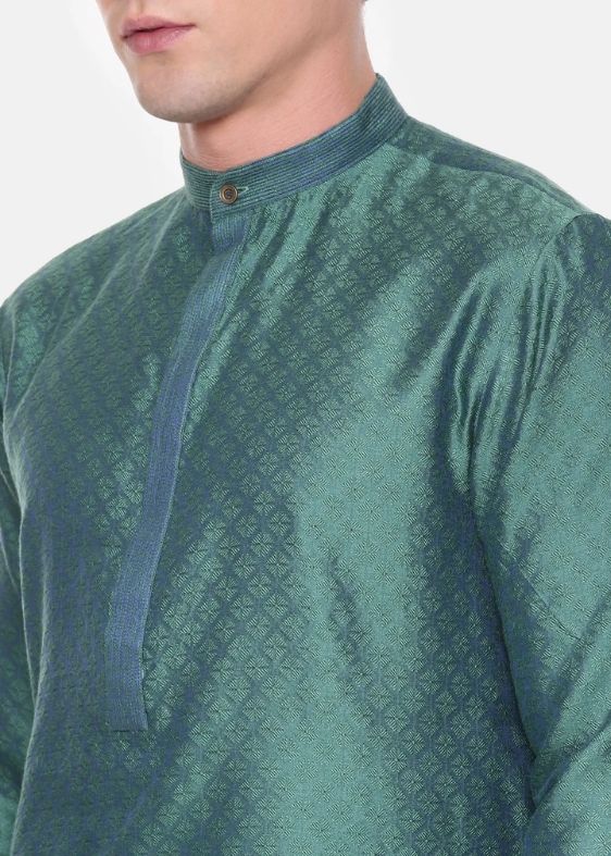 Green Blue Jaquard Kurta Set - MMK0573