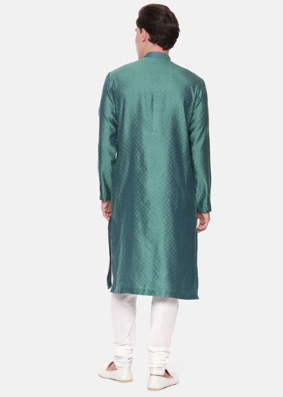 Green Blue Jaquard Kurta Set - MMK0573