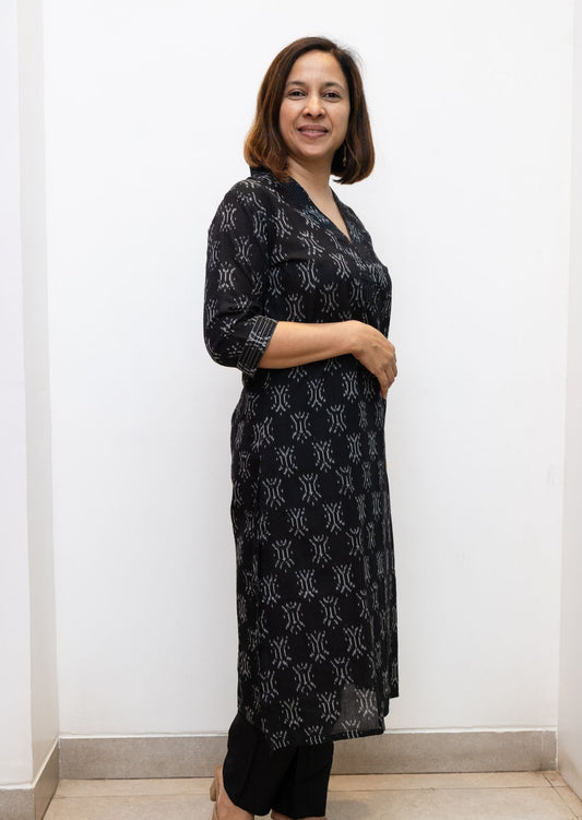 Black V Neck Stichline Superfine Ikkat Cotton Kurta