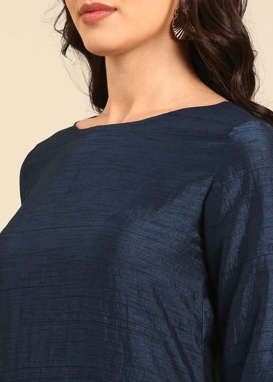 Navy Blue Silk Cotton Slub Dress-AS0683