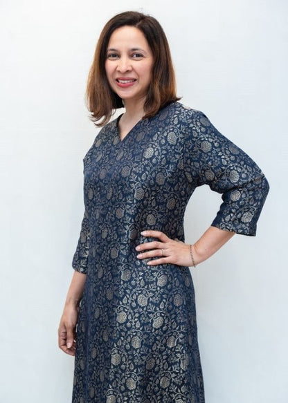 Blue V Neck Crepe Silk Dress