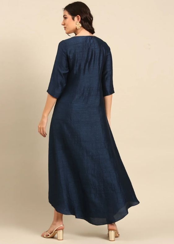 Navy Blue Silk Cotton Slub Dress-AS0683