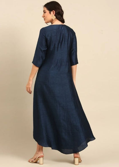 Navy Blue Silk Cotton Slub Dress-AS0683