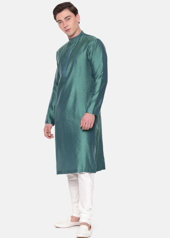 Green Blue Jaquard Kurta Set - MMK0573