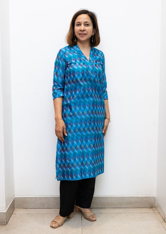 Blue V Nack Stitchline Silk Ikkat Kurta