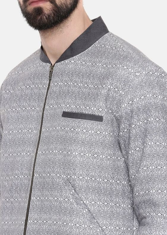 Grey Linen printed bomber jacket
