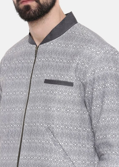Grey Linen printed bomber jacket