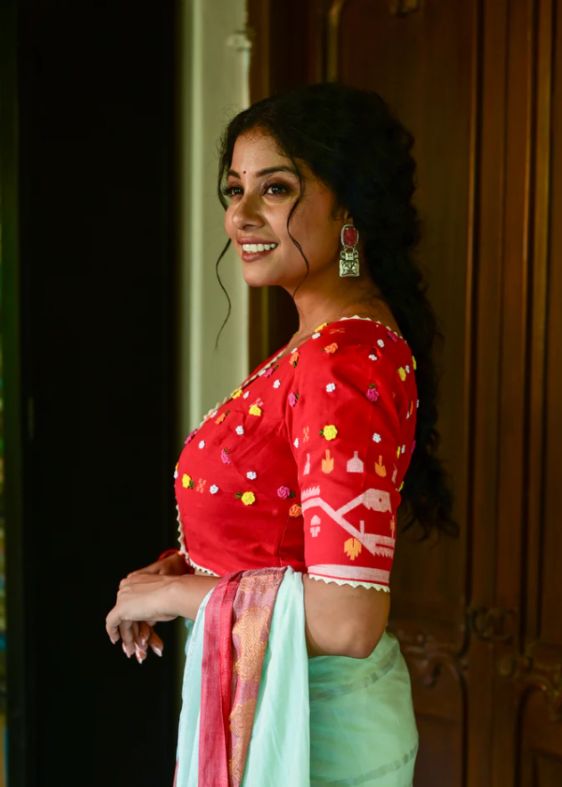 Red jamdani multirose blouse