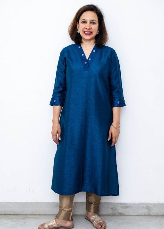 Blue V Neck Slub Silk Long Kurta