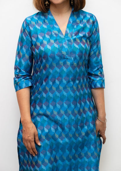 Blue V Nack Stitchline Silk Ikkat Kurta
