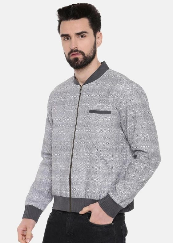 Grey Linen printed bomber jacket