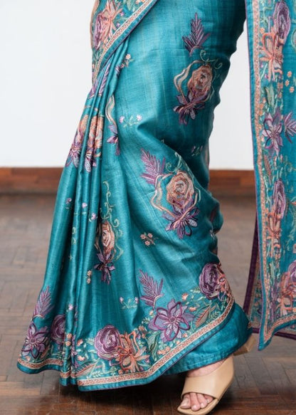 Blue Embroidery Tussar Silk Saree