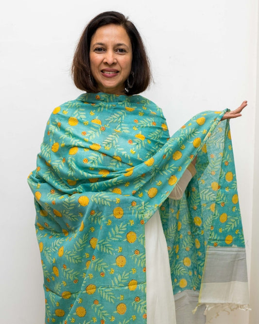 Turqoise Marigold Silk Cotton Chanderi