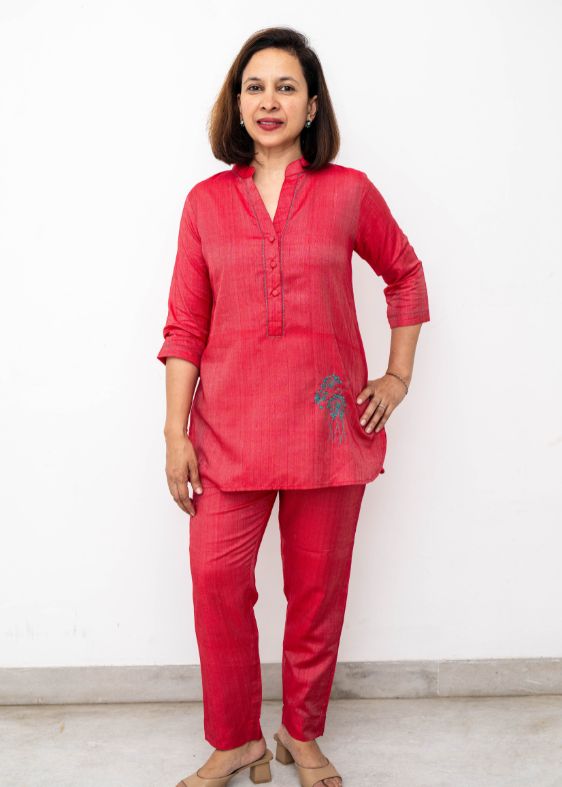 Red Flower Spring Tussar Cotton Tunic