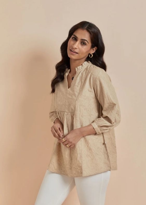 SS 2226 Beige Embroidered Round neck Top
