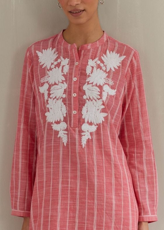 Pink stripes embroidery cotton tunic