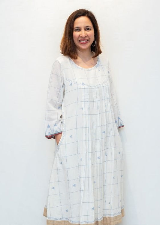 White Checks Temple motif Jamdani Cotton Dress