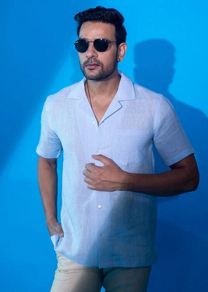 Pure Linen Half Sleeve Shirt-Light Blue