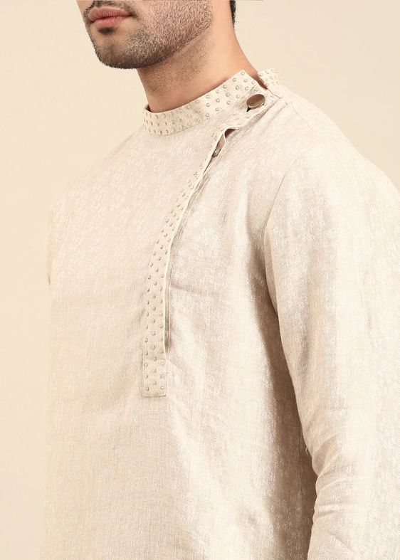 Beige Linen Embroidery Designer Kurta