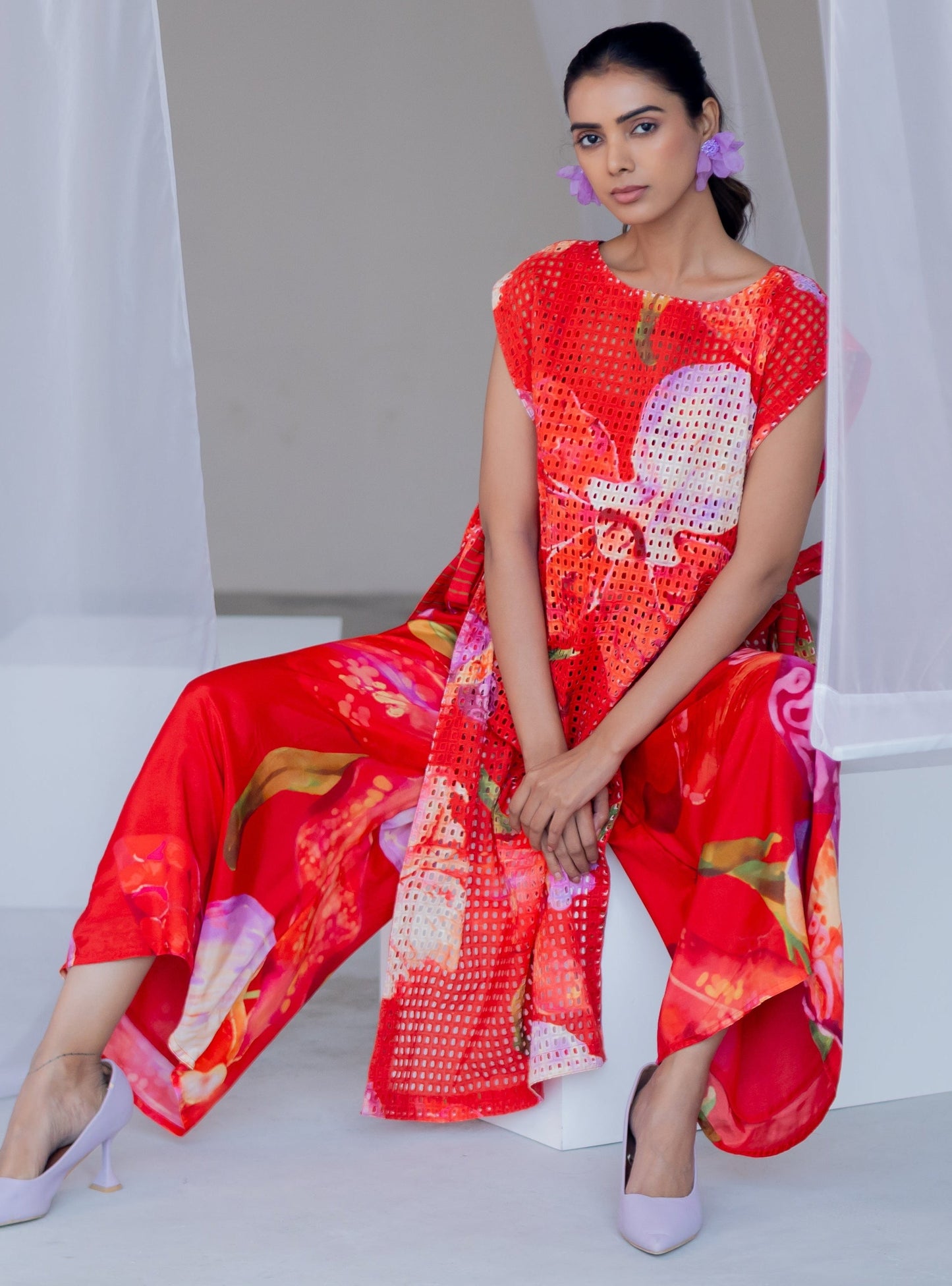 Orange Scarlet Mesh Overlay Coord Set