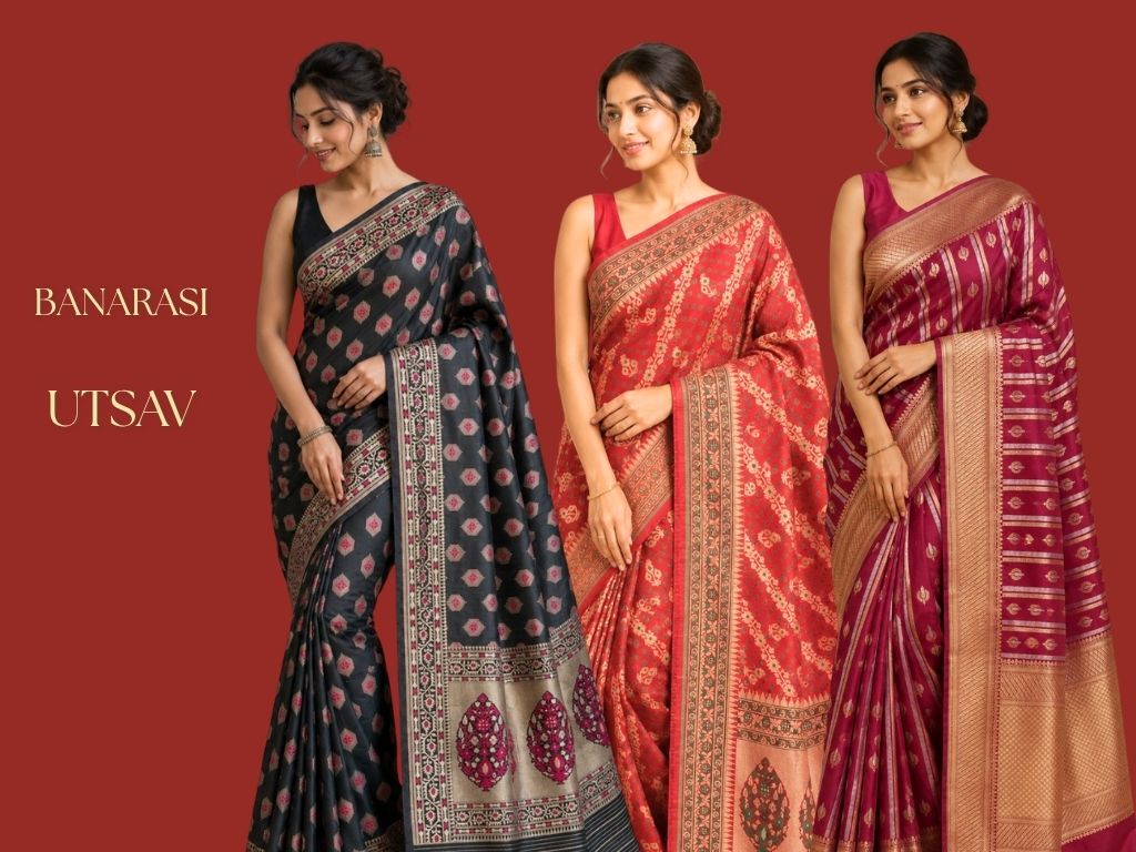Three women modeling traditional Indian Banarasi silk sarees against a solid red background. The sarees feature intricate gold and silver zari patterns and are labeled with the text 'BANARASI' and 'UTSAV' on the left.
