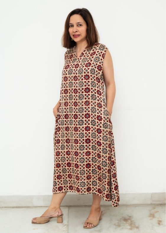 Beige Printed Modal Silk Dress
