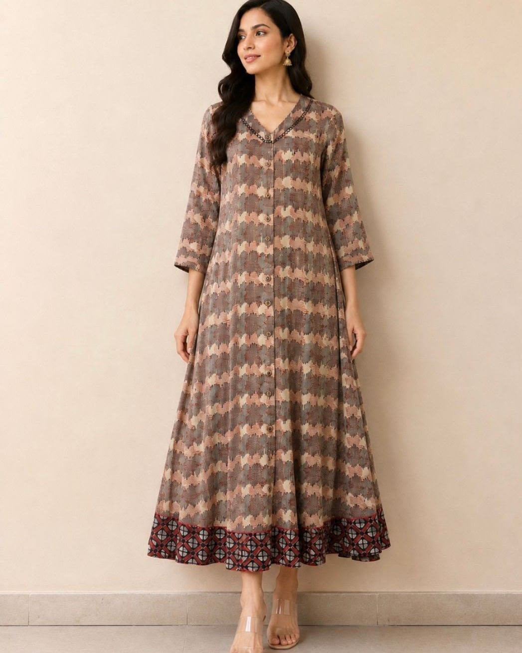 Beige Stripes Printed V Neck Cotton Dress