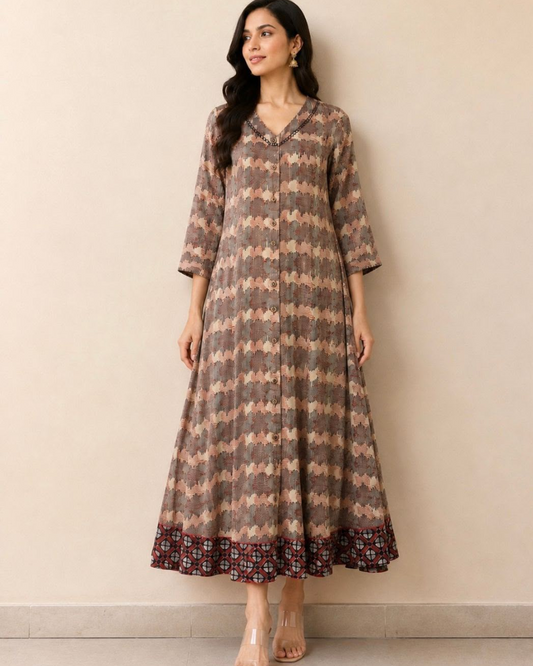 Beige Stripes Printed V Neck Cotton Dress