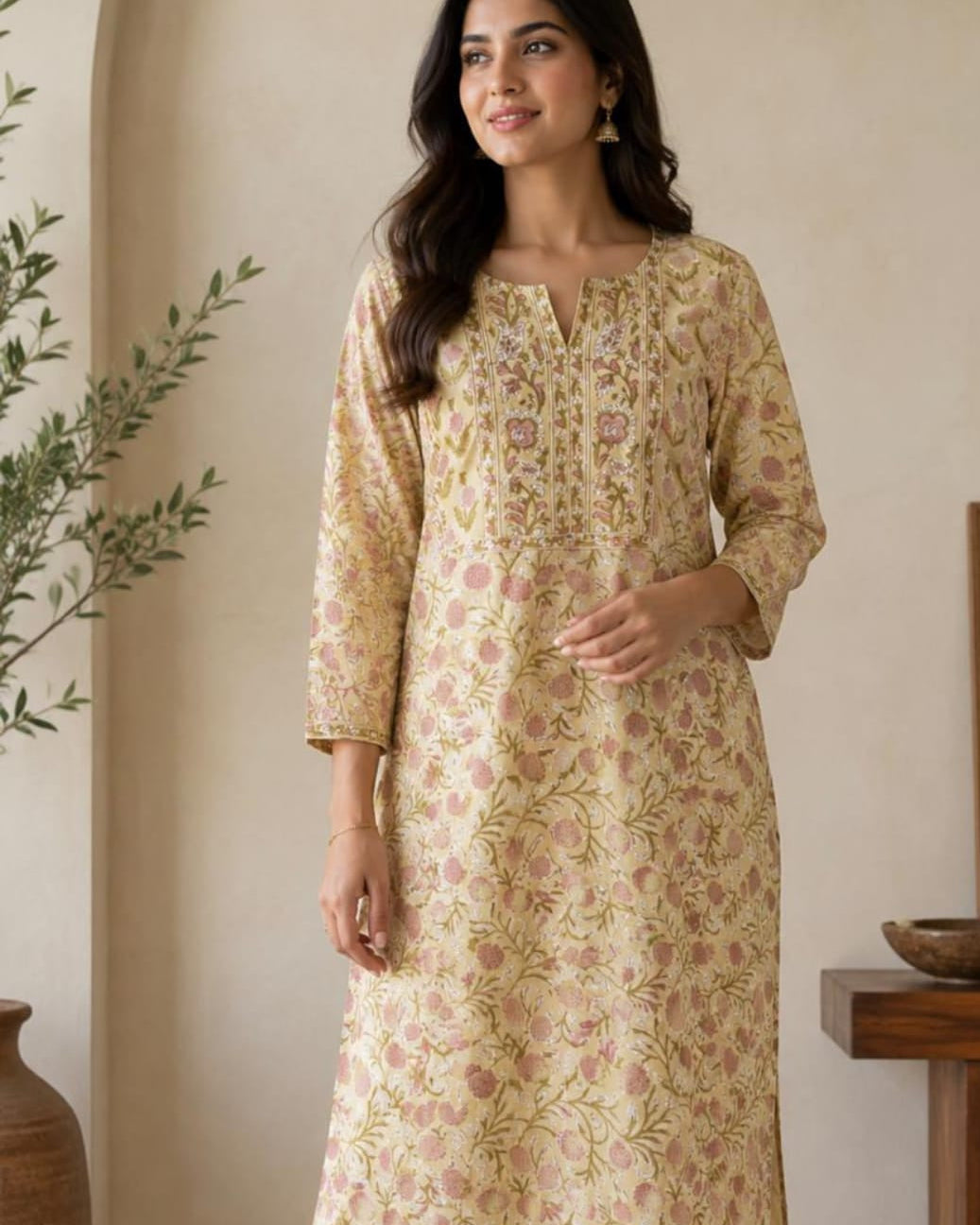 A woman wearing a beige three-quarter sleeve kurta with a pink and green floral print, standing in a warm-toned indoor setting.