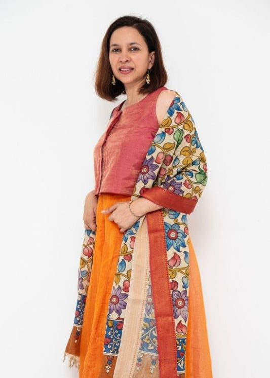 Beige and Red Border Hand PaintedKalamkari Dupatta