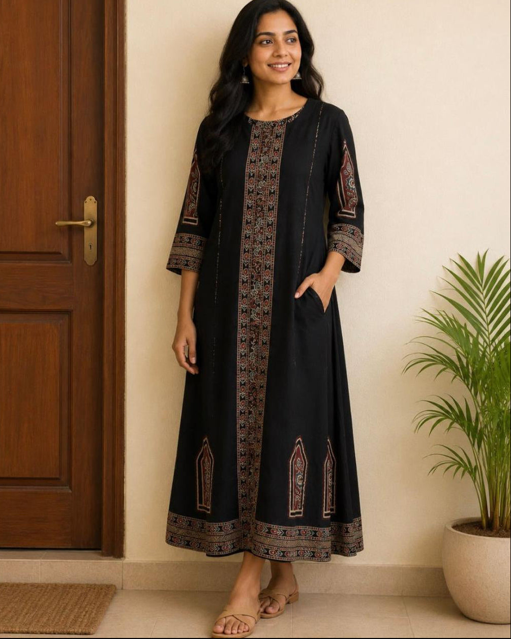 A woman modeling a black long kurta with brown and beige geometric patterns, standing in an indoor setting next to a wooden door and a potted plant.