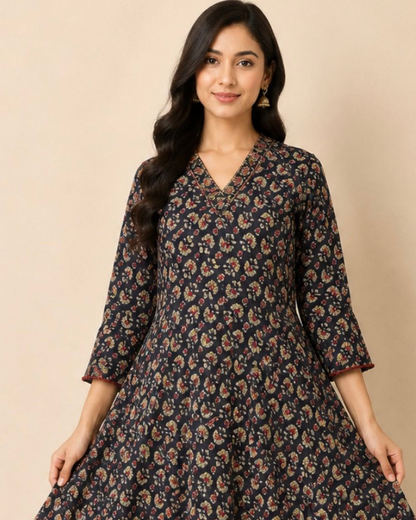 A woman wearing a dark navy floral print kurta with three-quarter sleeves and a V-neckline, standing against a solid beige background.