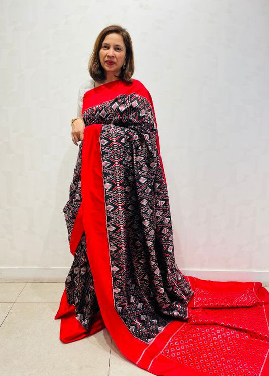 Black and Grey with Red border Silk Ikat Saree