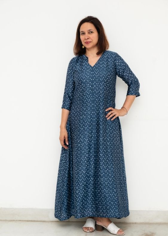 Blue Bandhini V Neck Silk Dress