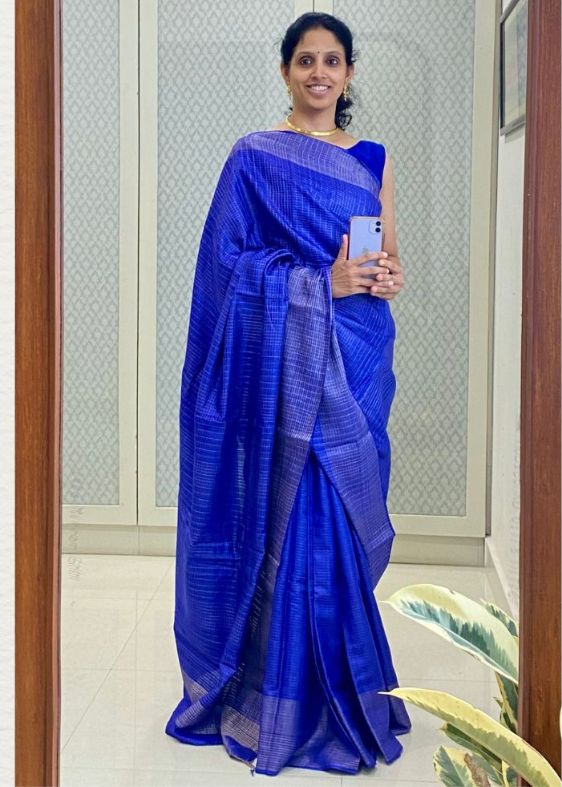Blue Chattisgarh checks Tussar Silk Saree