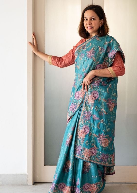 Blue Embroidery Tussar Silk Saree