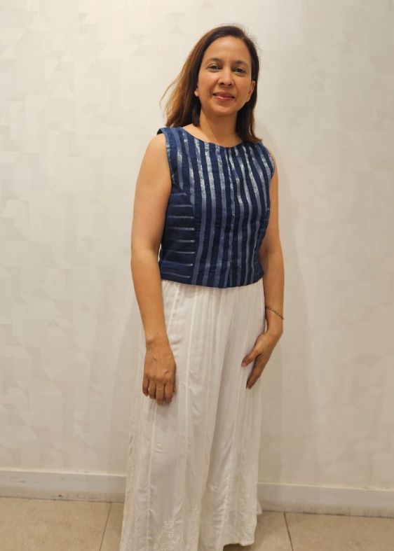 Blue Red Sleeveless Cotton Blouse