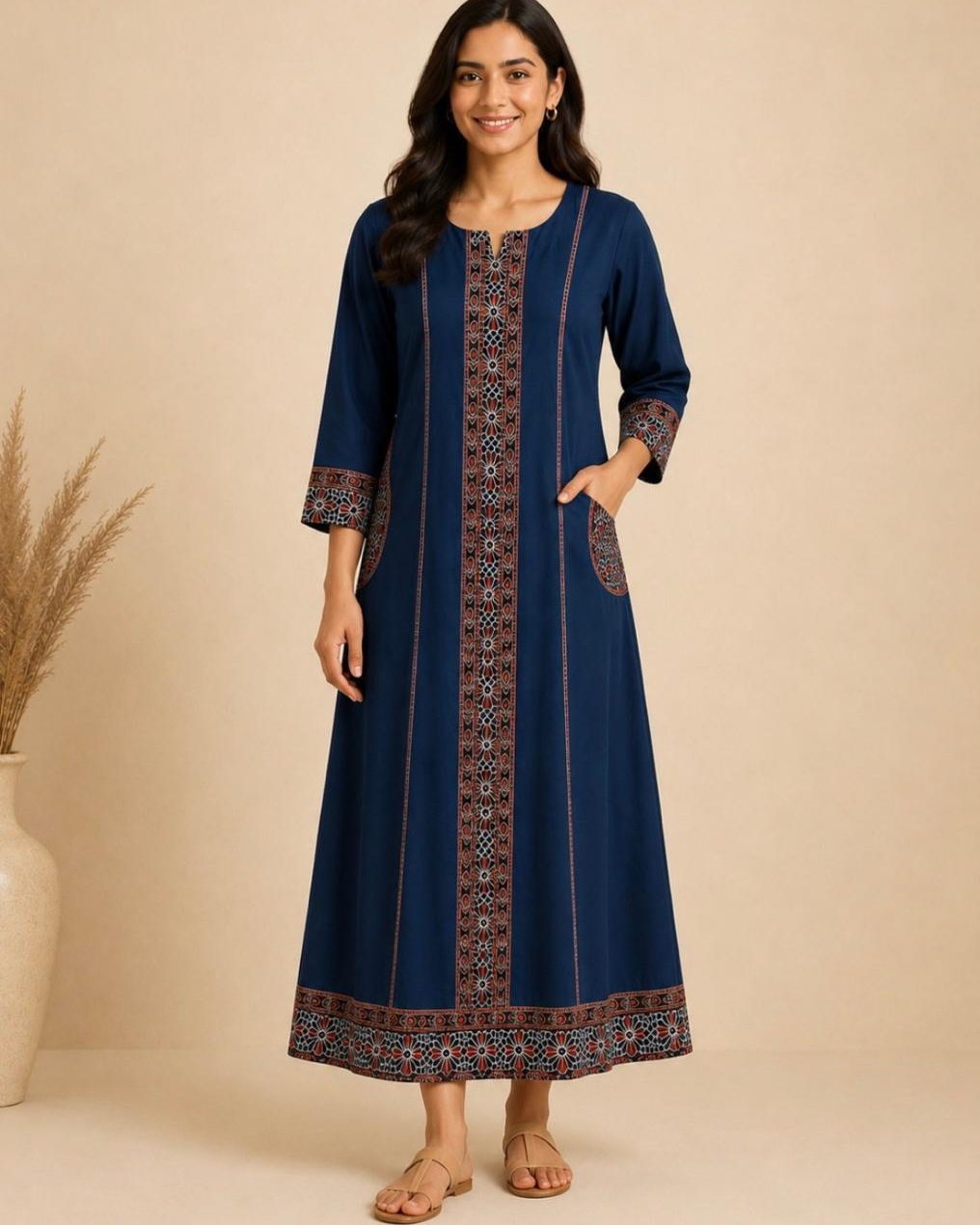A woman modeling a long navy blue kurta with intricate geometric and floral patterns in brown, red, and white along the center placket, cuffs, and hem, set against a warm beige background.