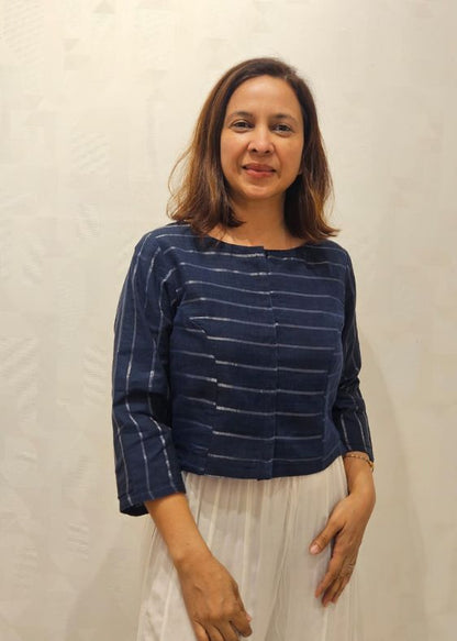 Blue with Silver Fulia Cotton stripes Blouse