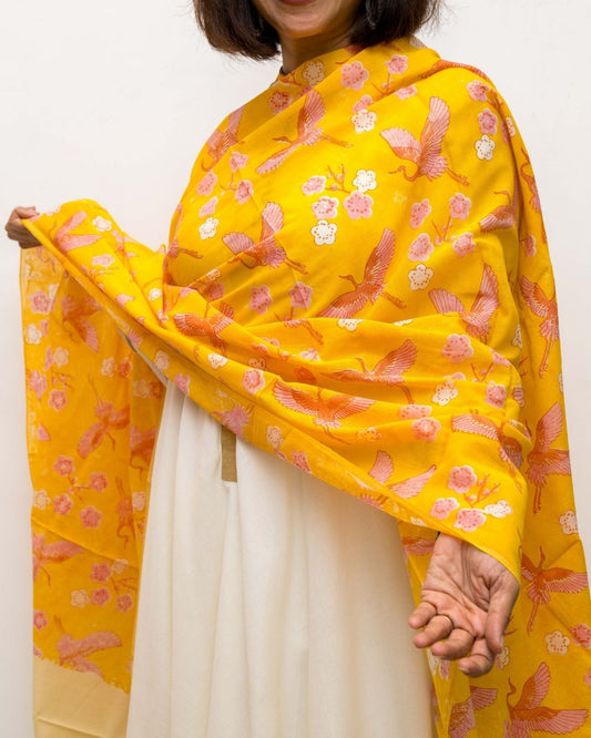 Yellow Bird Cotton Silk Dupatta