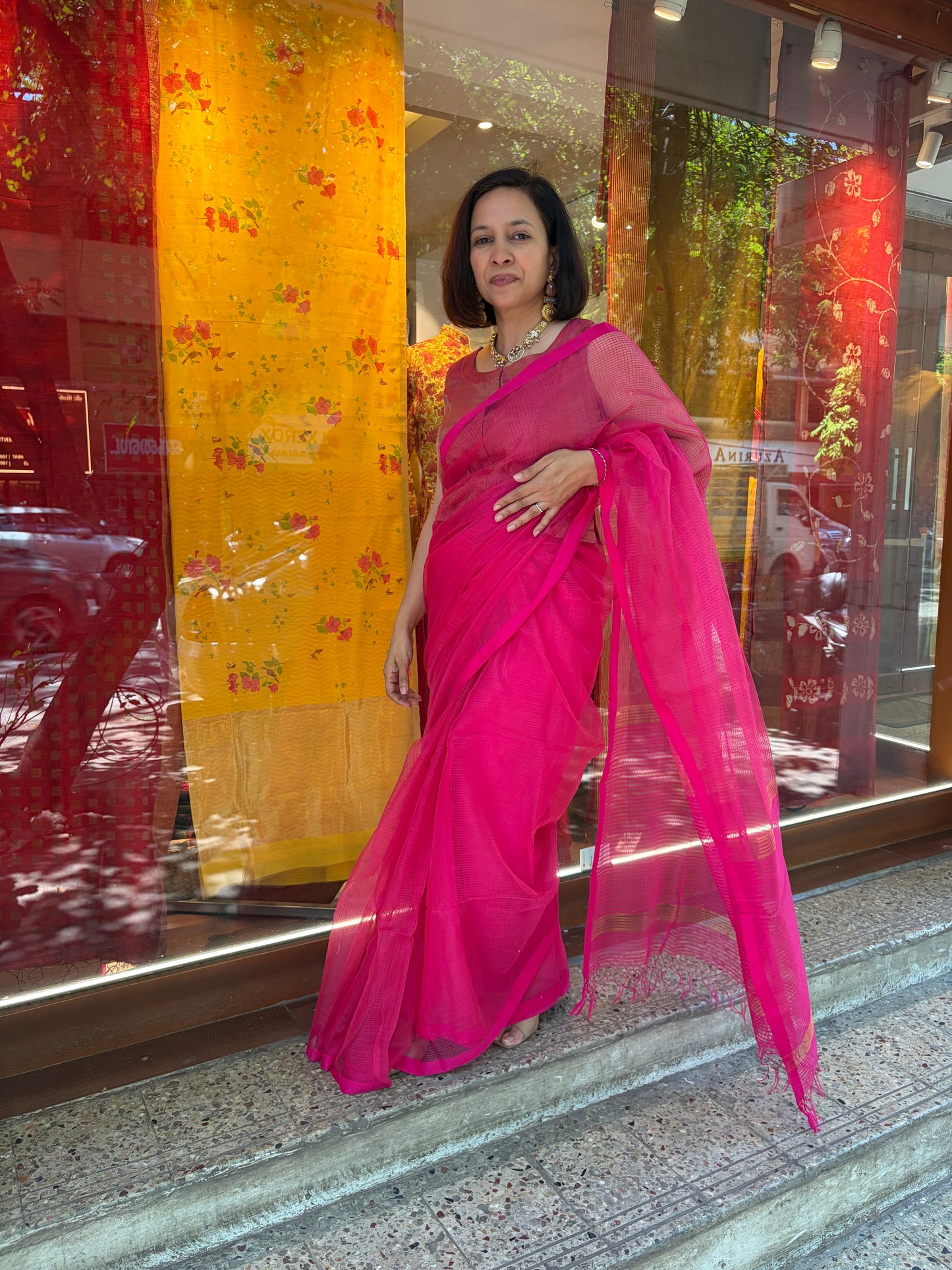 Red Self Checks Organza Cotton Silk Fulia Saree